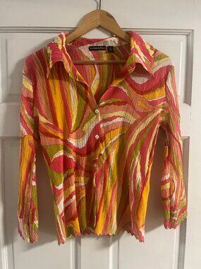 Vtg Y2K ruffle Psychedelic Milano Button Down Shirt Large